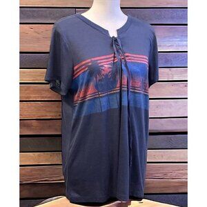 Jessica Simpson Womens Knit Top Size L Drawstring Tie Blue Tropical Print